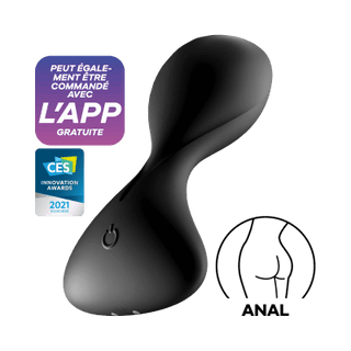 Den svarta ergonomiska Satisfyer Trendsetter Appstyrd Buttplugg, tillverkad av mjukt silikonmaterial med appfunktioner, vann ett pris på CES 2021. Den inkluderar ett diagram för anal användning, som visar dess mångsidighet.