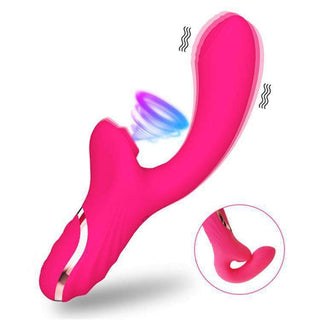 Rosa silikon rabbitvibrator med sugfunktion och dubbel stimulans, designad med ett böjt handtag.