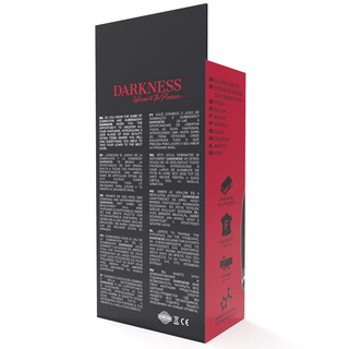 Boxen Bone Gag - Darkness visar text på flera språk och ikoner som indikerar vattenbeständighet och silikonfunktioner som en silikongag, allt utformat för att förbättra din upplevelse med en spännande touch.