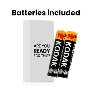Vit ruta med texten "Är du redo för det här?" med två Kodak-batterier bredvid, inställd på att driva ditt nästa äventyr med Harness - Dubbel Strap-On Med Vibrationer.