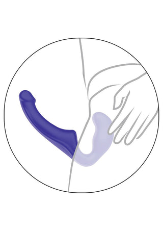 Illustration av Toyjoy Strapless Strapon som bärs, med händerna som justerar den för optimal njutning.
