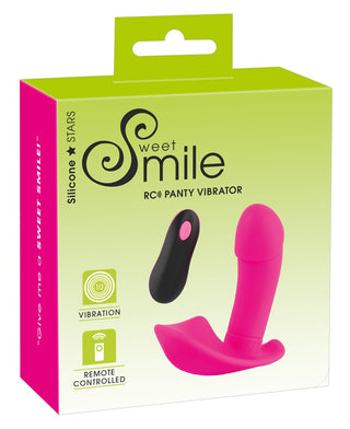 Paketet framhäver Panty Vibrator i rosa, med en elegant svart fjärrkontroll. Designad med kroppssäkert silikon, utlovar stil och komfort.