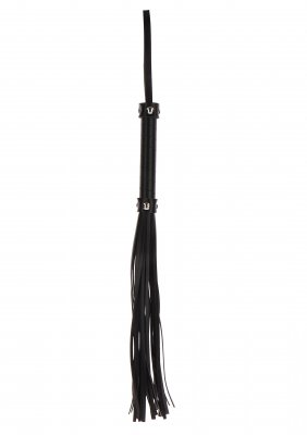 Flogger Läder Piska TabooM, med flera trådar och ett insvept handtag, hänger mot en vit bakgrund, vilket lägger till ett spännande element till alla bondagekollektioner.