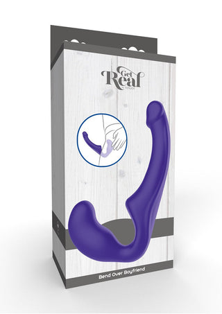 Box of a Toyjoy Strapless Strapon, perfekt i lila för äventyr med "Get Real Bend Over Boyfriend" tryckt på den, och erbjuder oöverträffad intim njutning.