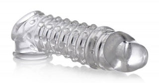 Penisförlängningshylsan är sakkunnigt utformad och har en transparent texturerad silikonribbad design med premium TPE-material.